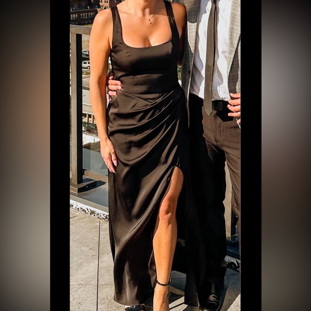 Azazie Mero Black Satin Bridesmaid Gown
